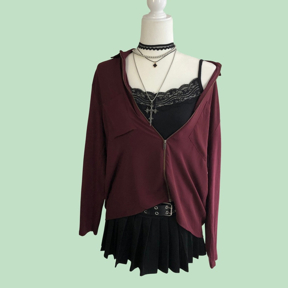 The Kooples Sport Zip Up Blouse Womens Large Burgundy Mixed Media Long Sleeve
